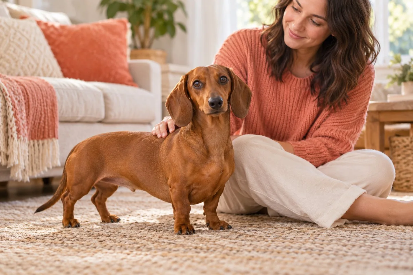 Owner sitting on a rug beside a small reddish-brown dog