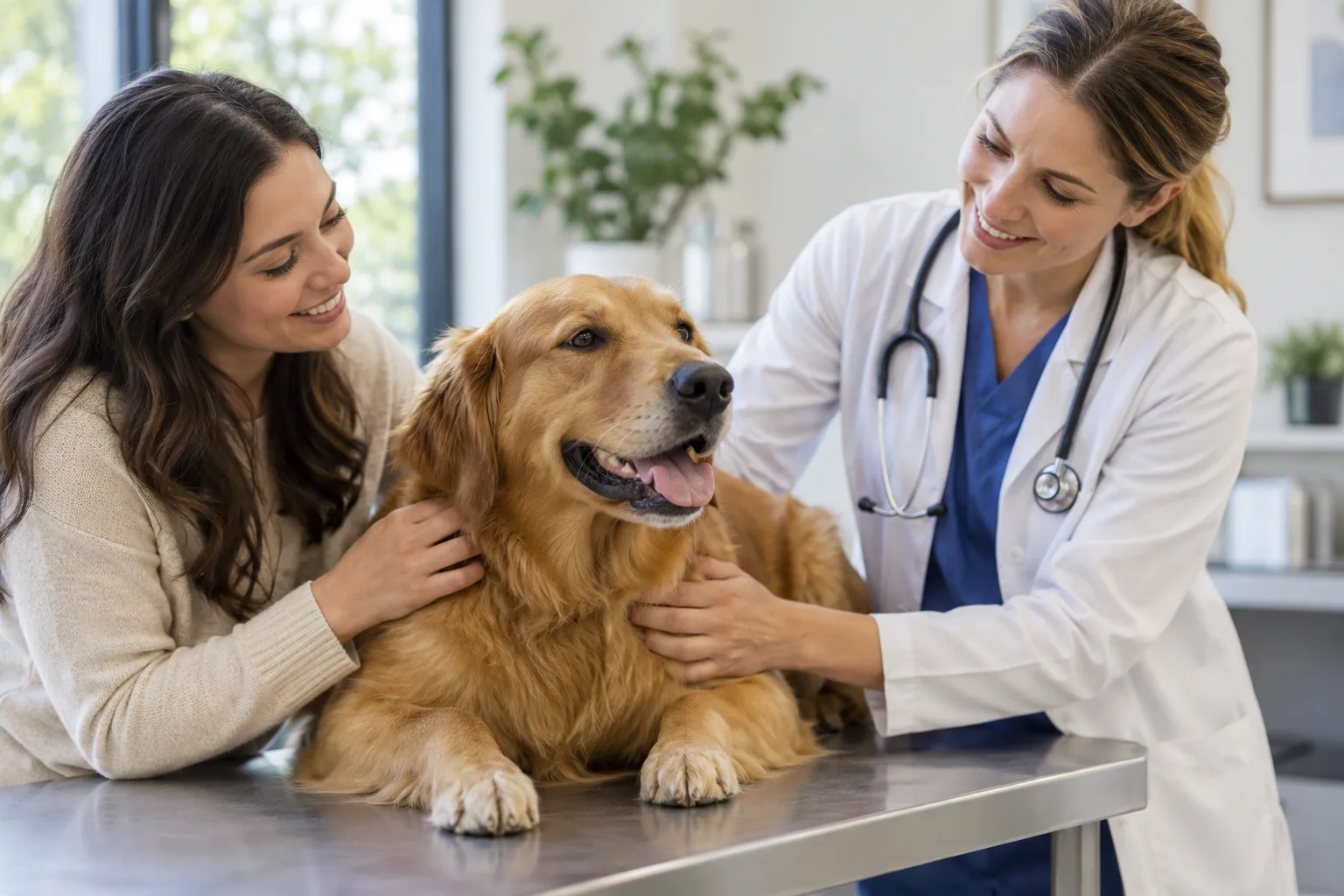 Veterinarian examining a dog beside its owner